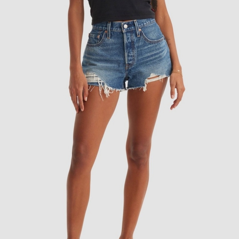 Levi's 501 Original Fit High Rise Denim Jean Shorts Button Fly Distressed 28